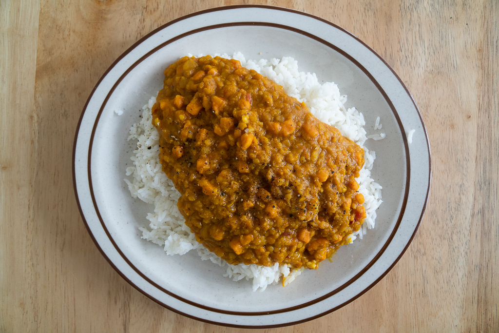 Curried red lentils on rice